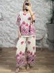 Wide Cotton Boho Pants Set-2552/Ecru&Fuchsia
