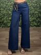 Elastic Striped Belt Denim Pants-23237/Blue