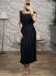 Satin Pleated Pads Midi Dress/Black