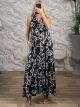 Sleeveless Satin Maxi Dress/Black&White Circles