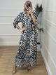Satin Maxi Leopard Dress/Blue