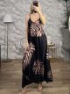 Satin BigLeaves Maxi Dress/Black