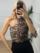 One Shoulder Bodysuit Buttons/Leopard Beige