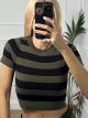 Short Sleeve Viscose Stripped Top/Black-Khaki