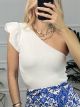 Knitted Ruffles Top One Shoulder/White