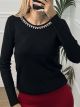 Round Neck Pearls Top/Black