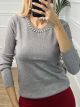 Round Neck Pearls Top/Grey